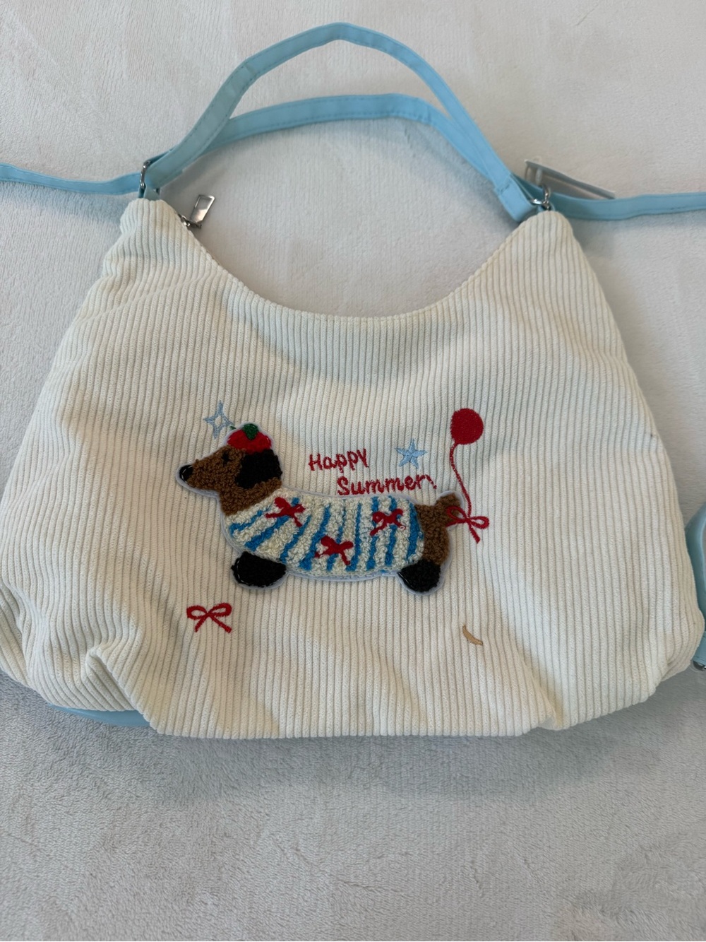 Miniso Dachshund Corduroy Hand Bag Purse Backpack “Happy Summer” NEW
